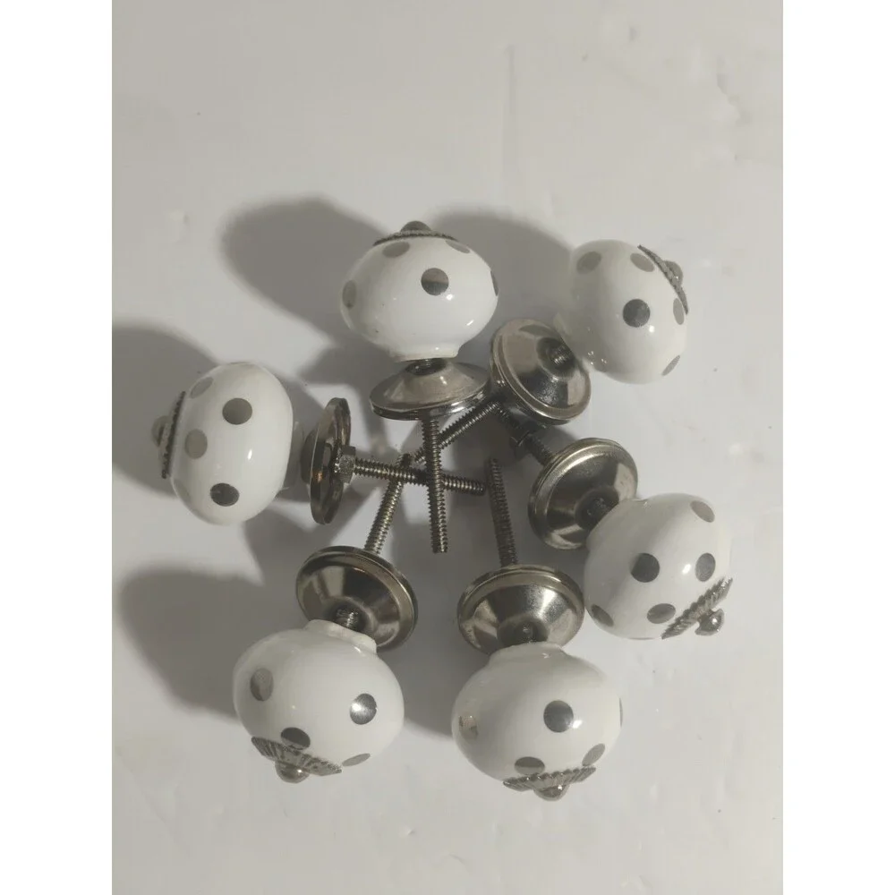 New 6Furniture Knobs, Drawer Pulls, Silver & White Polka Dot Porcelain 2-7/8”